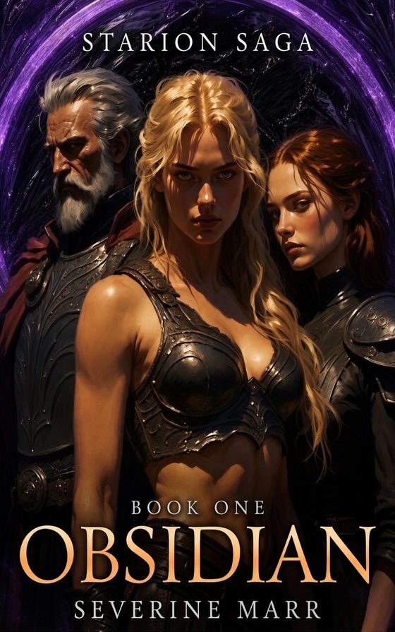 Starion Saga Book One: Obsidian, by Severine Marr. Three armored figures before a cracked obsidian disc wreathed in violet light.
