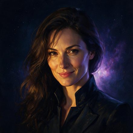 Severine Marr, author of the Starion Saga, portrait against a violet nebula.